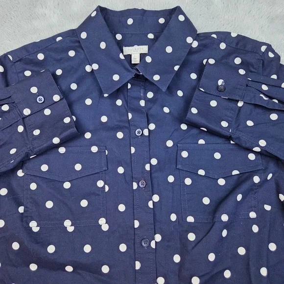 Talbots Polka Dot Cotton Button Down Shirt Womens MP Navy Blue White - Picture 1 of 6
